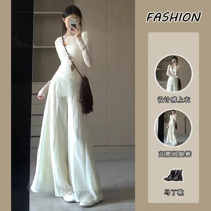 套装女2025早春下季2025新款纯欲风辣妹设计感褶皱长袖T恤+裤子