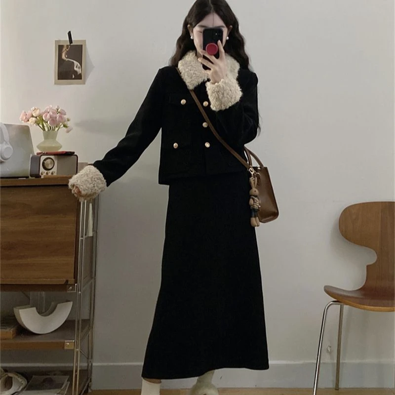 胖颖专属大码秋冬季新款夹棉胖mm撞色外套+半身裙时尚套装9382