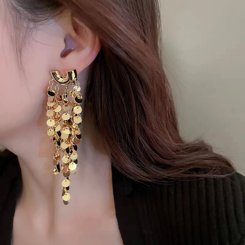 铜合金珐琅耳饰 闪耀亮片欧美时尚轻感长流苏9㎝-耳环