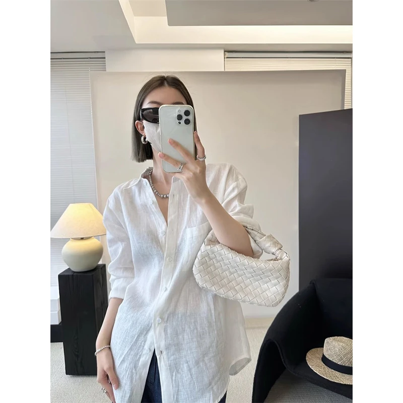 纯亚麻女白色宽松棉麻百搭廓形2025夏季纯欲慵懒风初秋长袖上衣