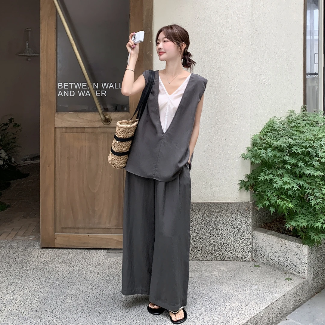 韩系老钱风马甲背心阔腿裤套装女夏季超好看气质减龄松弛感一整套