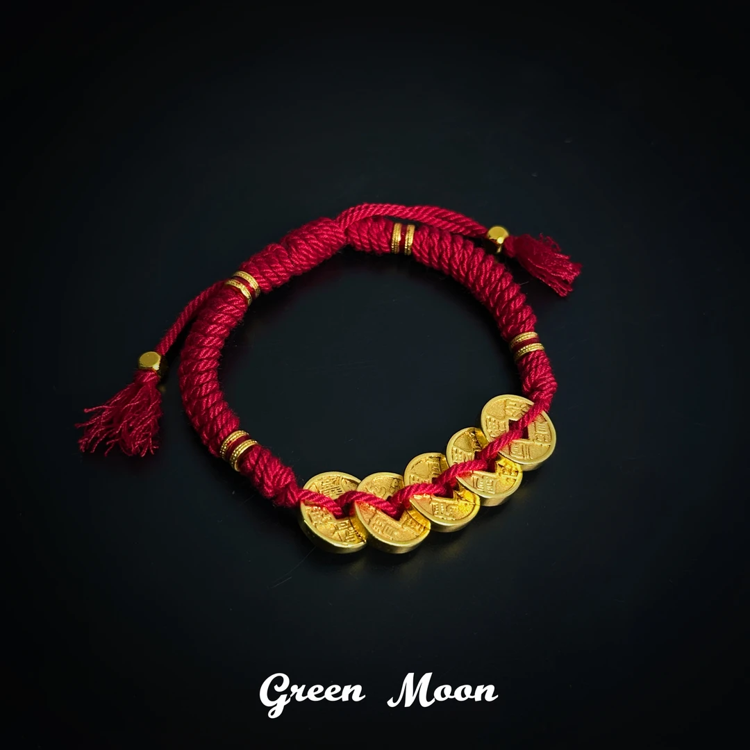 铜合金布艺手链 小众个性轻奢金色铜钱红绳手链编织A260