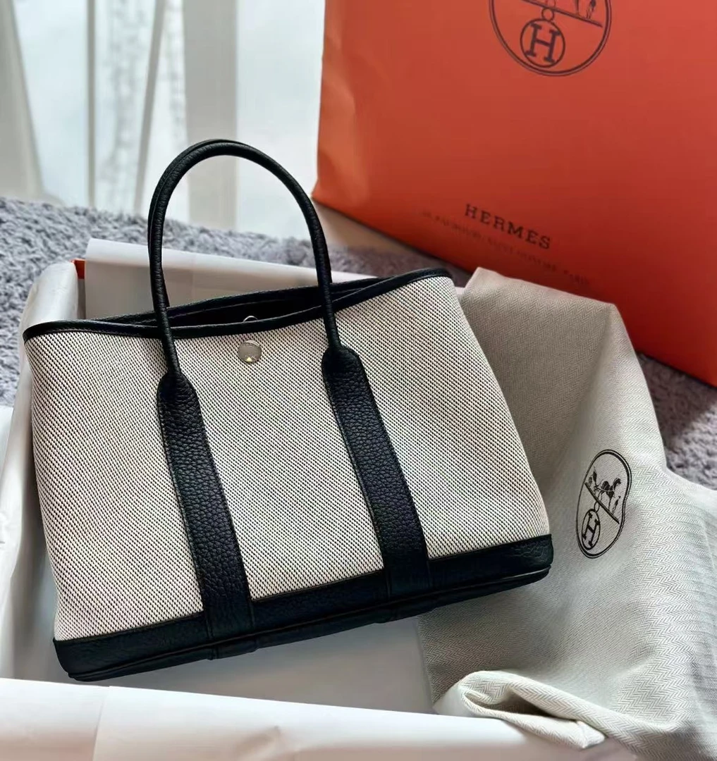 未使用 Hermes/爱马仕 花园30 黑白熊猫 皮拼帆布 N皮 B刻