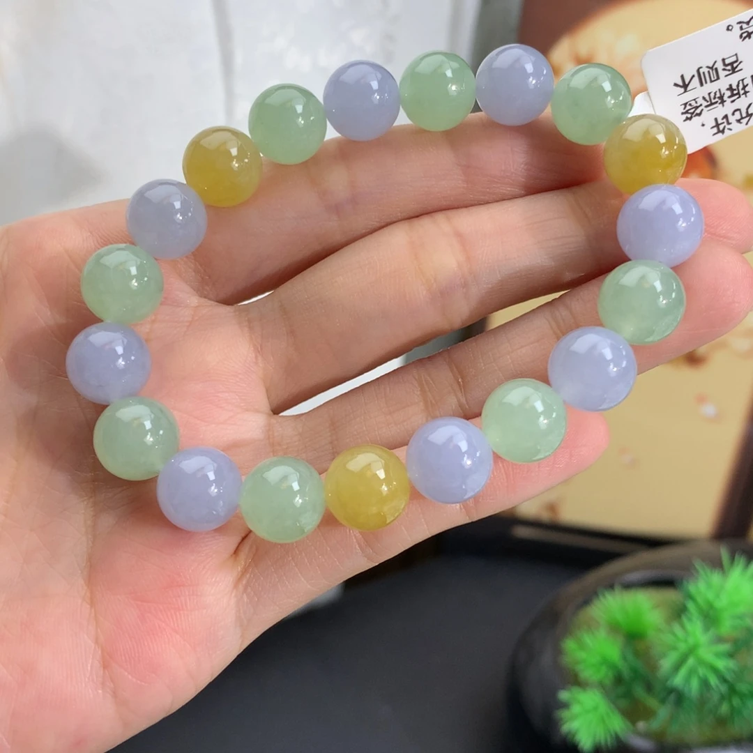 翡翠未镶嵌手串卡9.9胶润紫绿黄手串（漏价推荐）