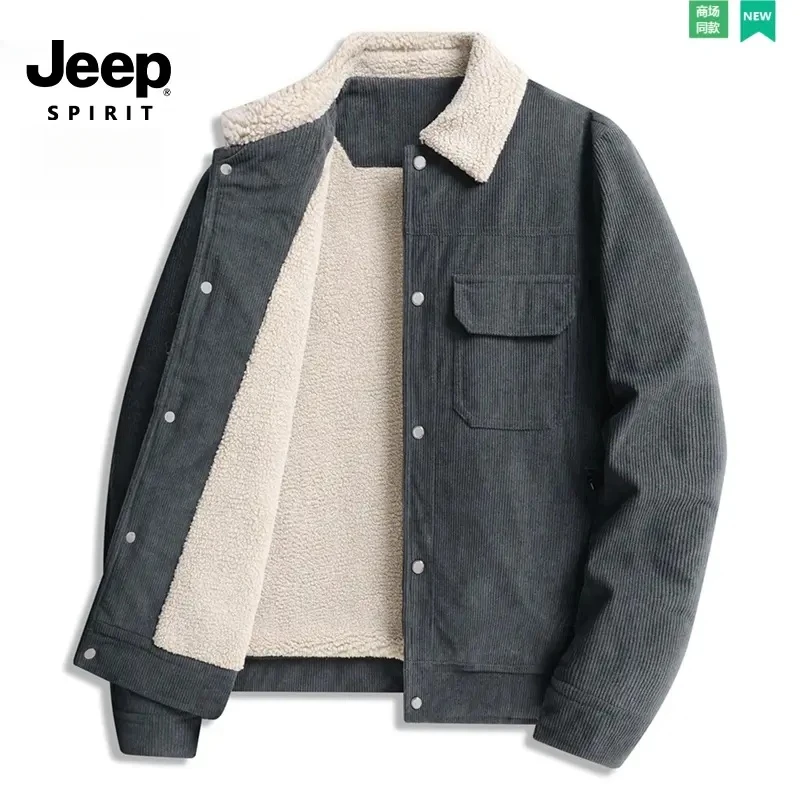 Jeep spirit吉普新款秋冬男士夹克加绒加厚翻领简约休闲百搭外套