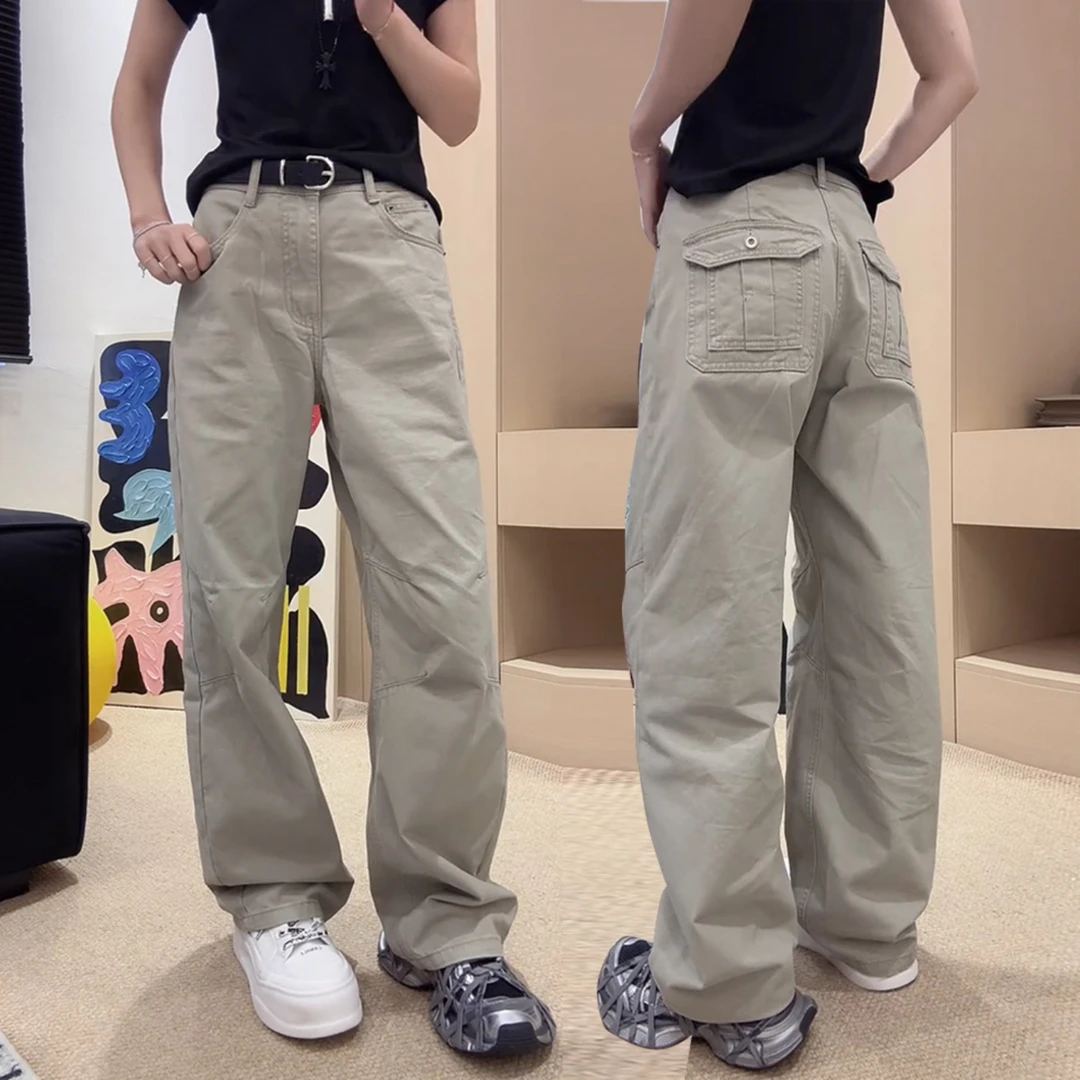 杏色大码工装牛仔裤女2025秋季新款梨形身材大码显瘦窄版阔腿裤子