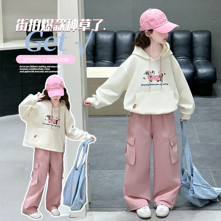 女童秋装休闲套装2025新款中大童洋气卫衣春秋款工装裤连帽两件套