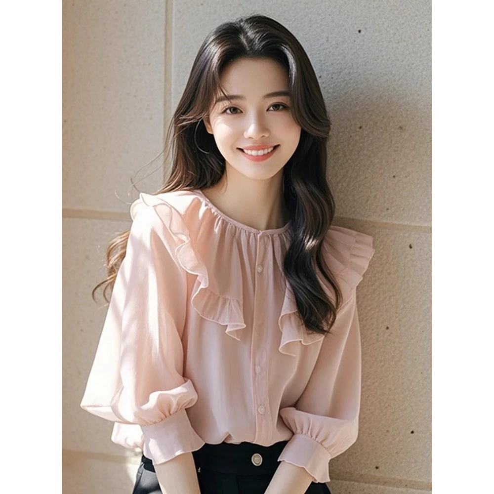 新款夏季甜美百搭显瘦休闲粉色上衣女荷叶边设计感小清新聚酯纤维