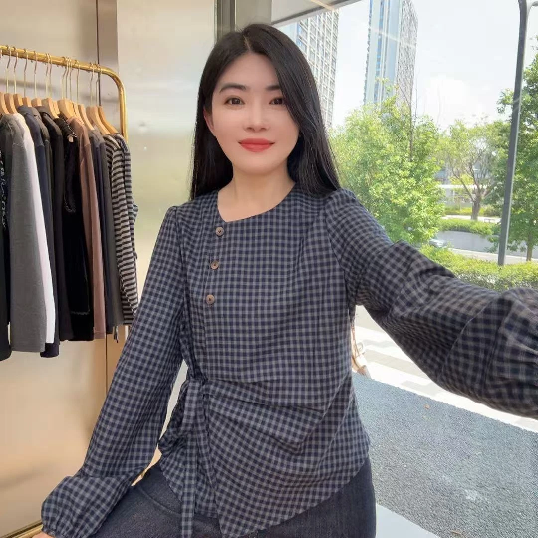 253711 不易皱 秋季新款复古森系格子系带衬衫