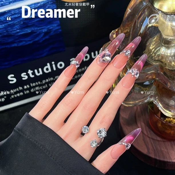 【 桃花坞】手工穿戴甲纯欲显白微笑猫眼碎钻爆闪长款甲片渐变冰透