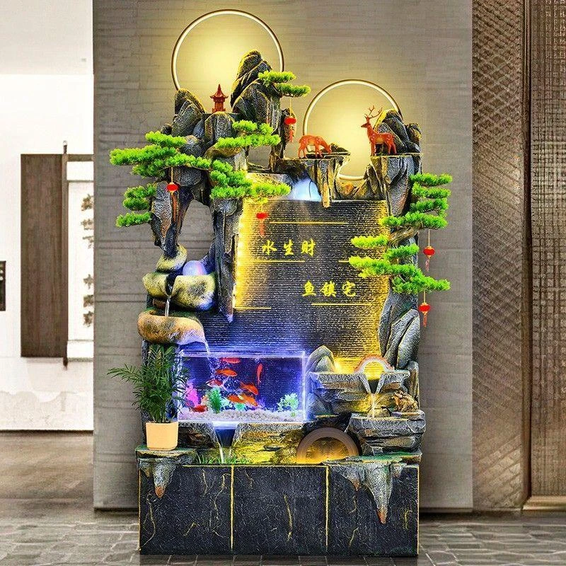 大型风水轮加湿器水幕墙假山流水喷泉水泥材质雕刻工艺简约风格孤