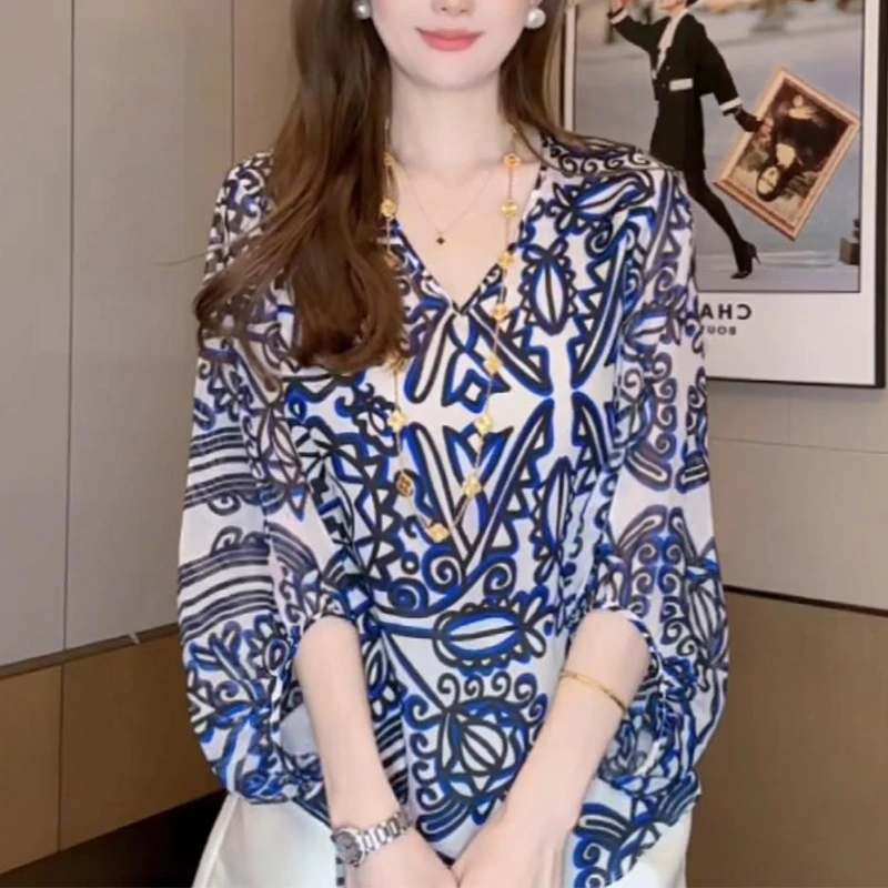 时尚气质领百搭夏款中袖显瘦宽松恤衬衫上衣蓝色碎花印花防晒衣