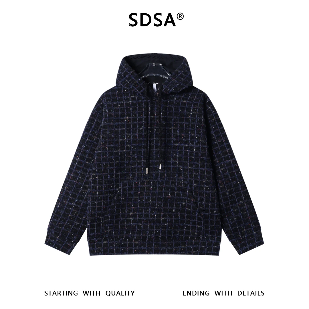 SDSA男士秋冬新款痞帅男装简约时尚撞色格纹格子连帽卫衣情侣百搭