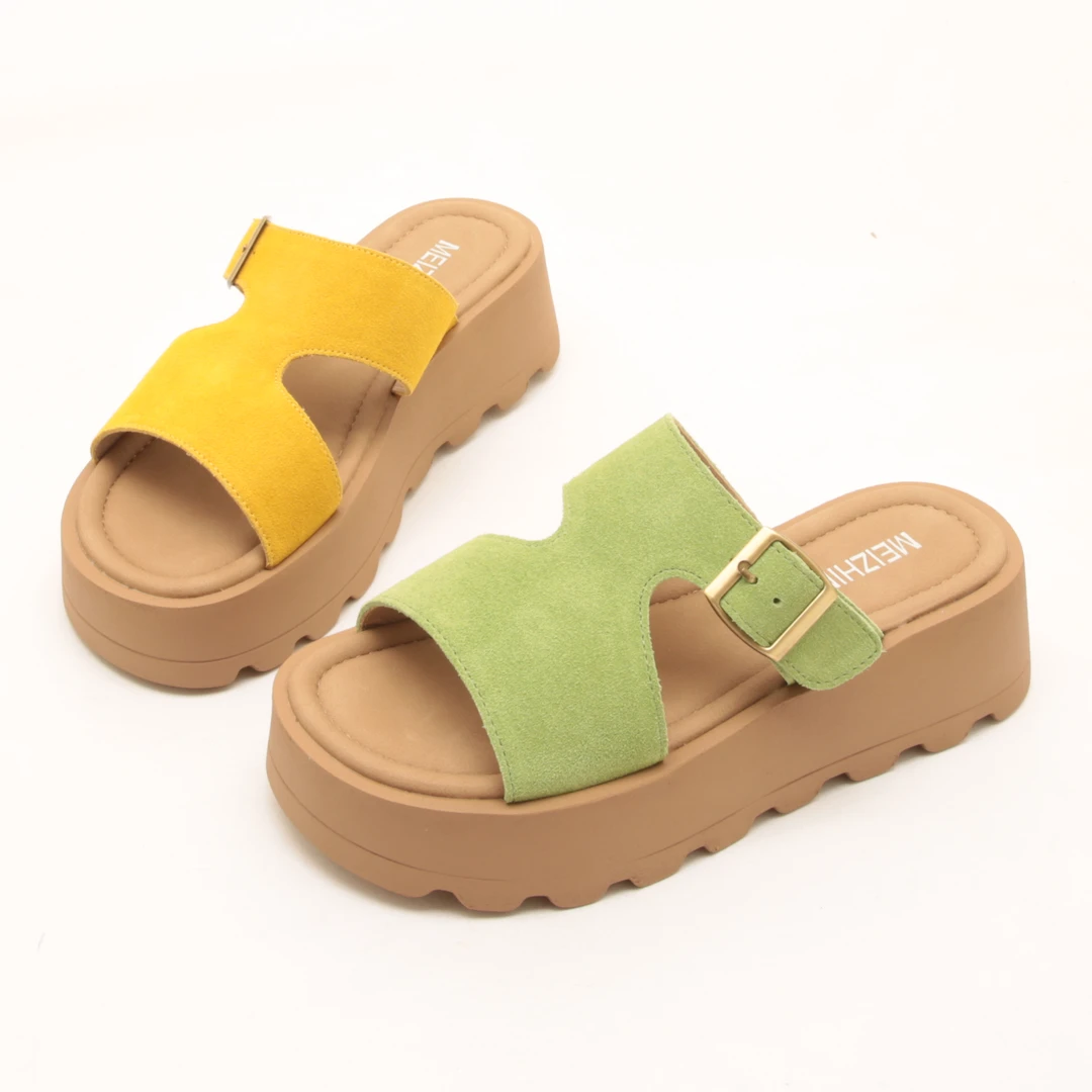 6918夏季新款轻便厚底勃肯风凉拖鞋女百搭真皮带扣增高一字拖鞋