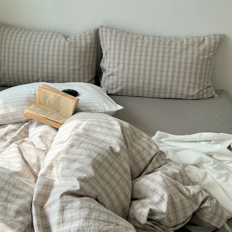 ins简约日式灰格子全棉床上四件套纯棉学生宿舍水洗棉被套三件套4