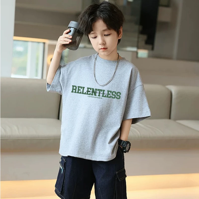 学生短袖宽松洋气夏季男童字母数字T恤休闲中大童帅气韩版t纯棉