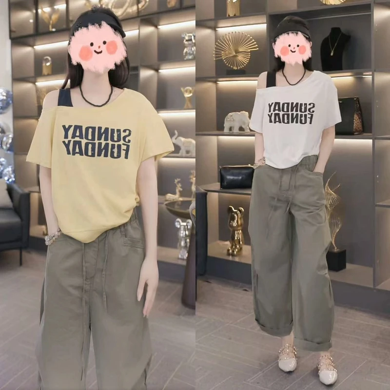 2025夏季韩版显瘦时尚减龄洋气印花一字领休闲短袖百搭九分裤套装