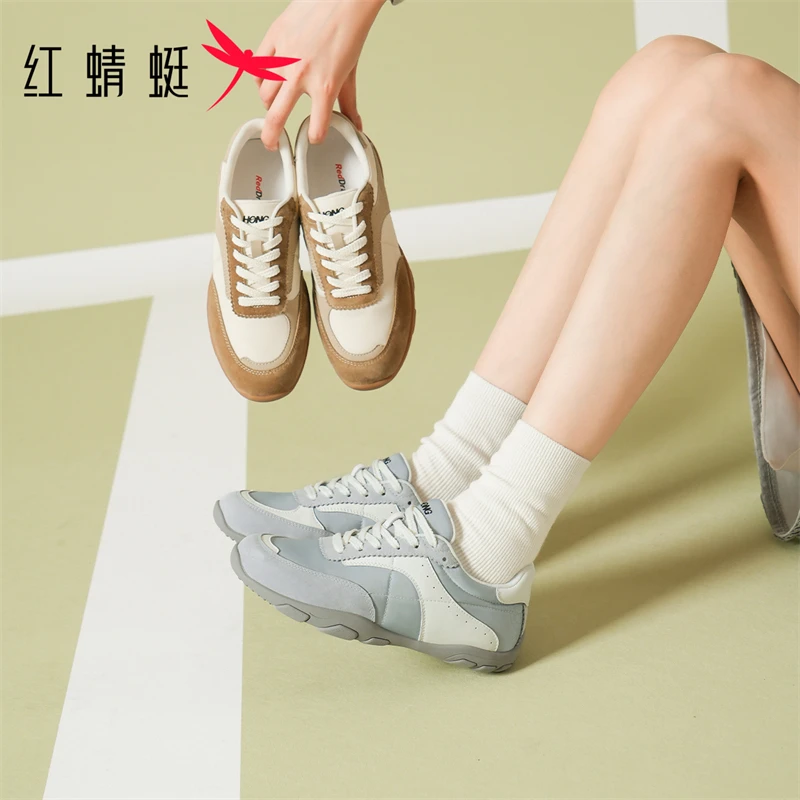 红蜻蜓春季时尚休闲百搭户外运动复古学院风圆头低跟系带厚底单鞋