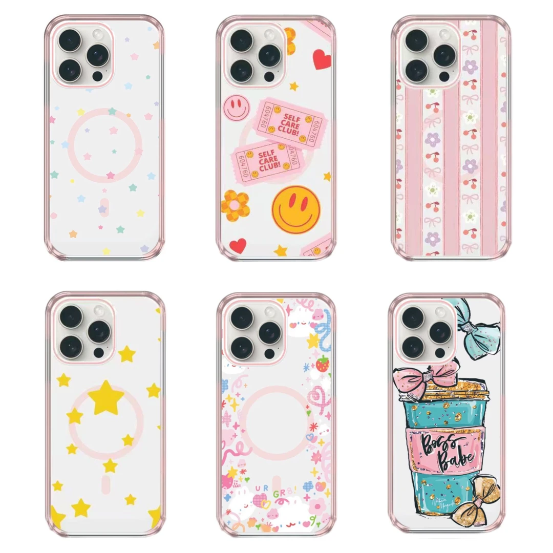 高级粉色边框高透适用苹果16promax可爱防摔卡通磁吸手机壳