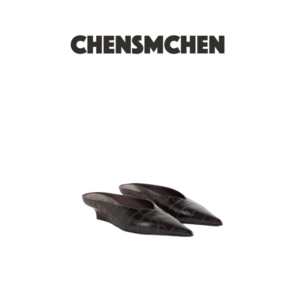 CHENSMCHEN 早春新款深棕色尖头坡跟穆勒休闲鞋6703
