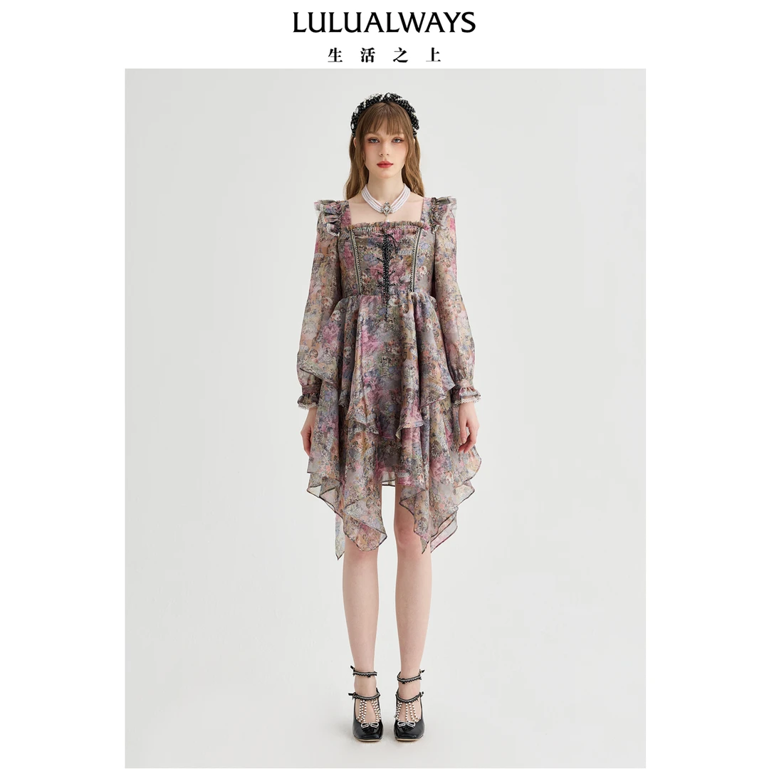 LULUALWAYS我爱露露25春季新款复古宫廷法式浪漫提花飘带连衣裙女