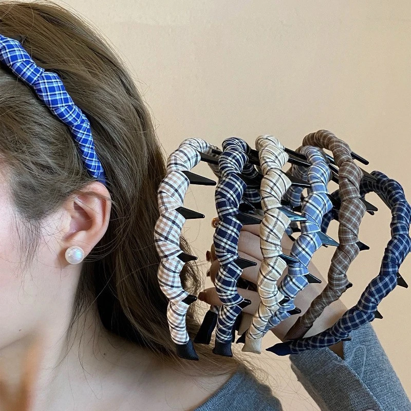 复古蓝色系格子布艺带齿发箍头饰新款百搭学院风防滑头箍洗脸头箍