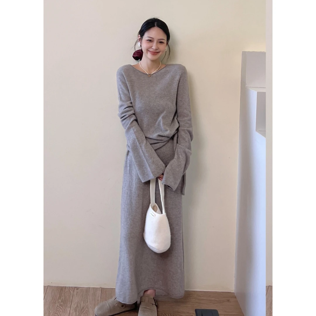 灰色时尚套装女2025春季一字肩长袖不规则修身t恤a字长裙两件套装