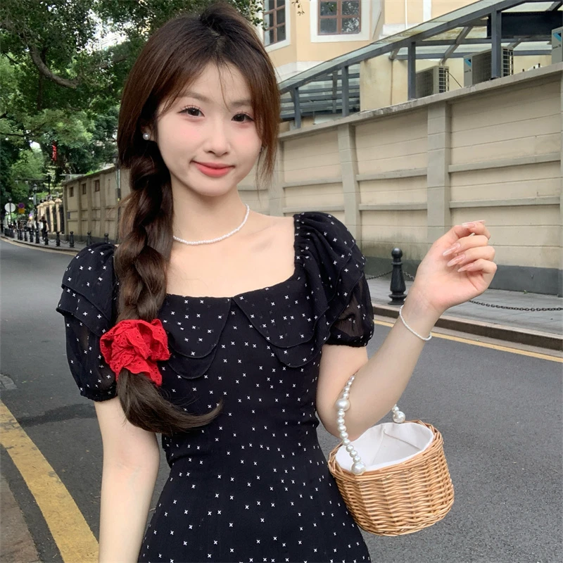 大码赫本风法式气质波点连衣裙女夏季高级感长裙显瘦方领裙子