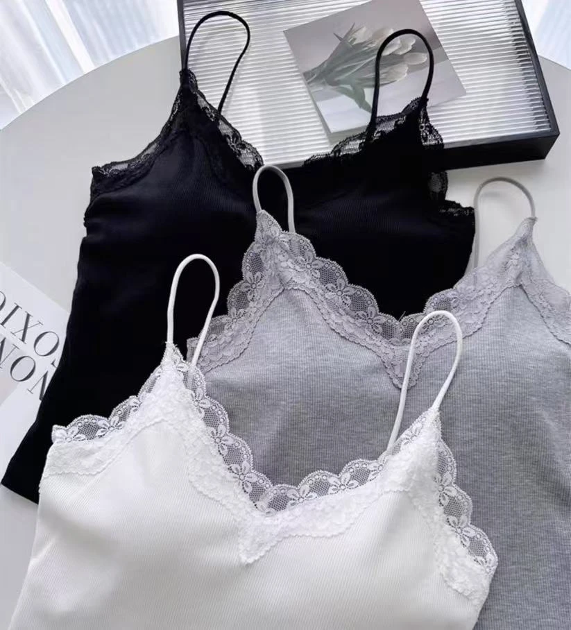 【左尚尚-9218】2025韩版新款花边无钢圈胸垫短款美背吊带衫