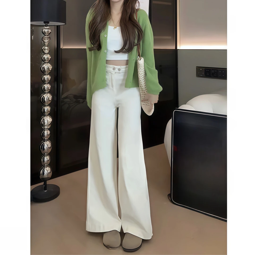 米白高腰不贴腿喇叭裤女2025夏季新款慵懒宽松显瘦垂感牛仔拖地裤