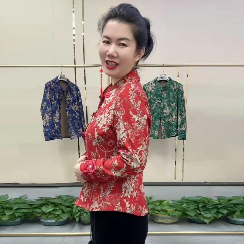 高端妈妈开衫冬季加绒保暖外套时尚提花修身弹力上衣复古旗袍小衫