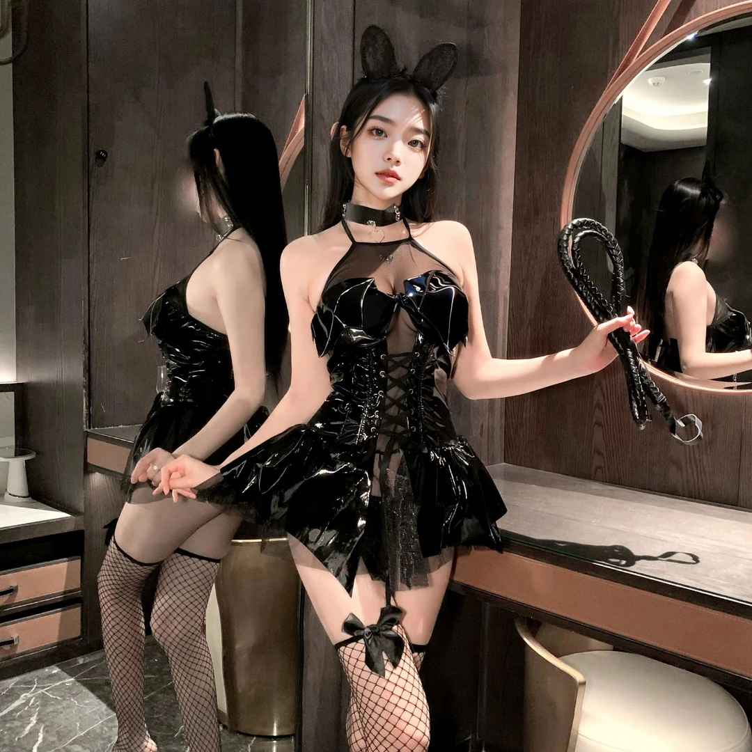 内衣纯欲辣妹风新款蝴蝶结挂脖抹胸性感连衣裙小恶魔制服黑色镂空