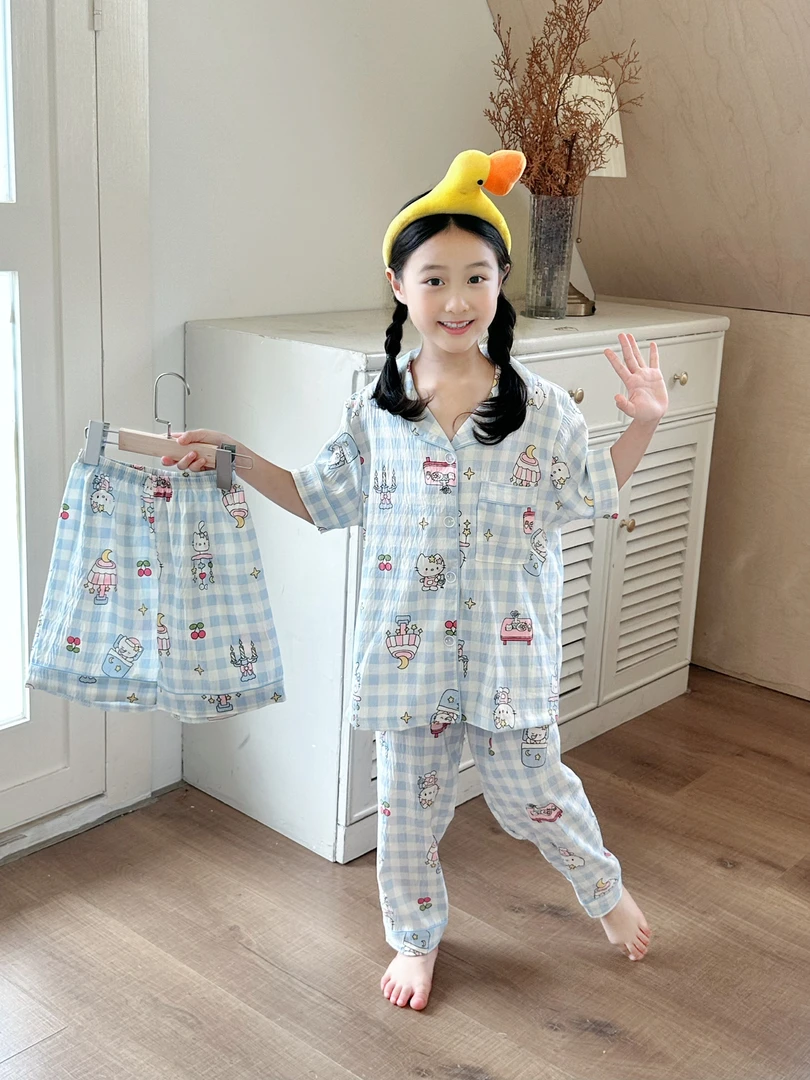 云朵棉女童睡衣夏季儿童三件套短袖2025新款中大童家居服夏款