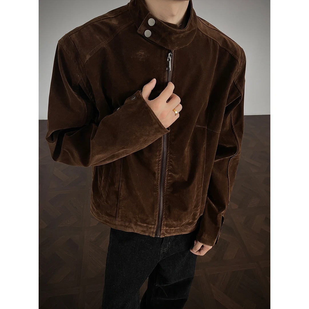 摩登复古棕咖色哈灵顿夹克男秋季美式正肩短款结构美拉德工装外套