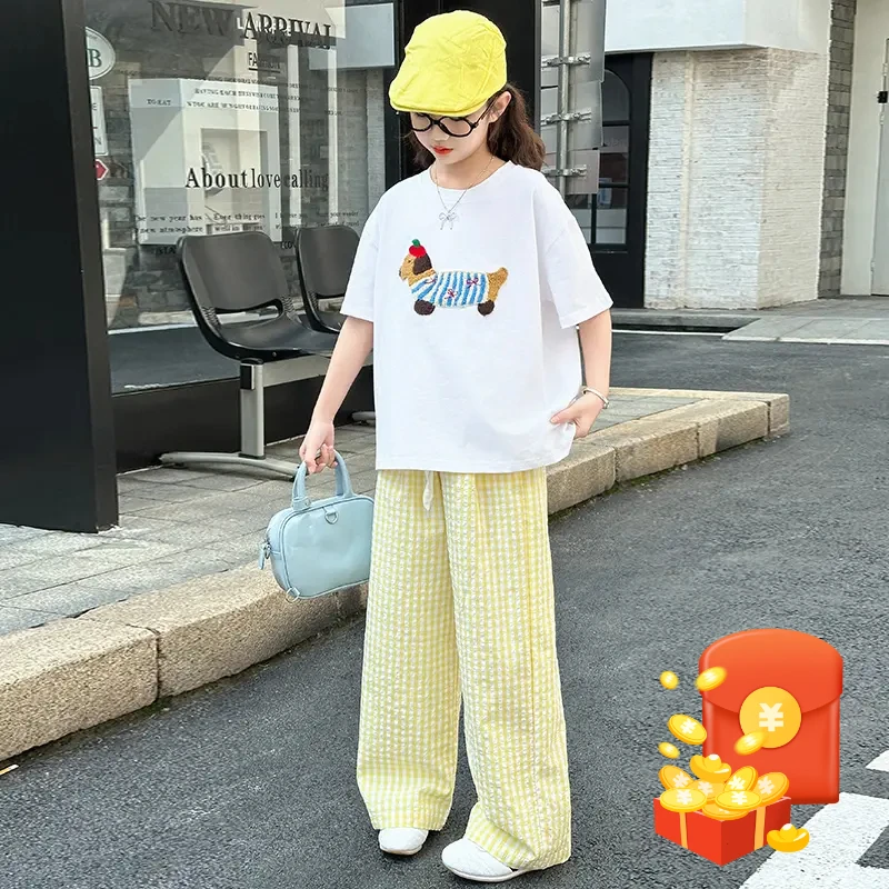 2025春夏装女童时尚套装儿童慵懒风白色短袖T恤阔腿休闲裤两件套