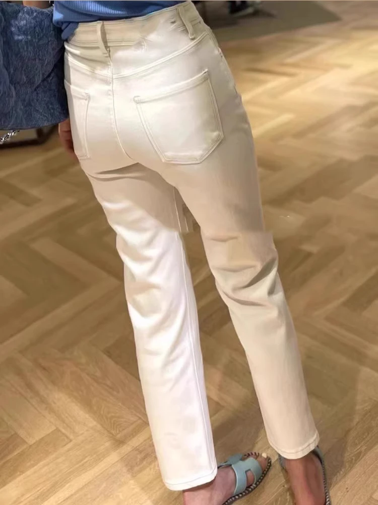 米白色直筒牛仔裤女秋季小个子春秋窄版秋冬加绒烟管法棍女士
