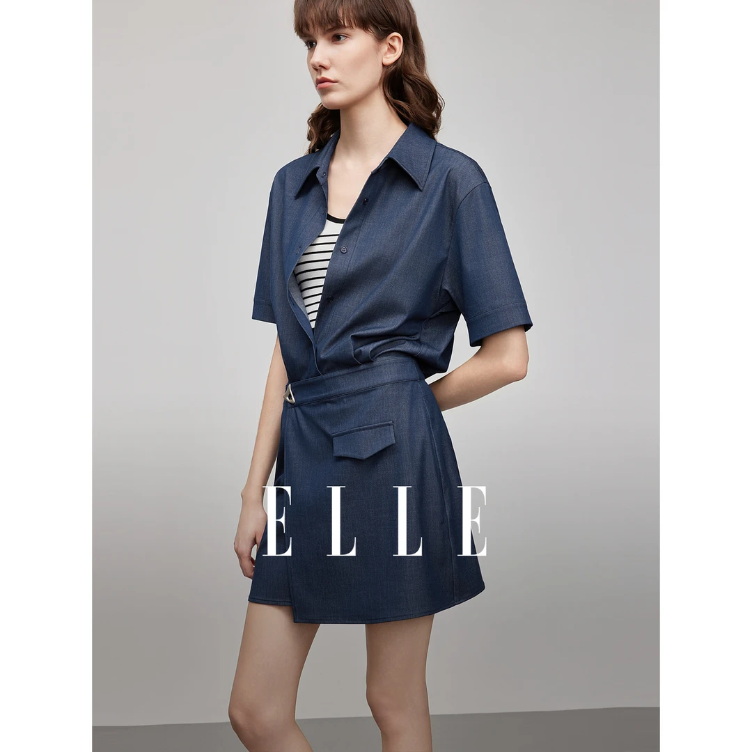 ELLE摩登假两件拼接高级感衬衫连衣裙女2025夏季新款短裙EL51113