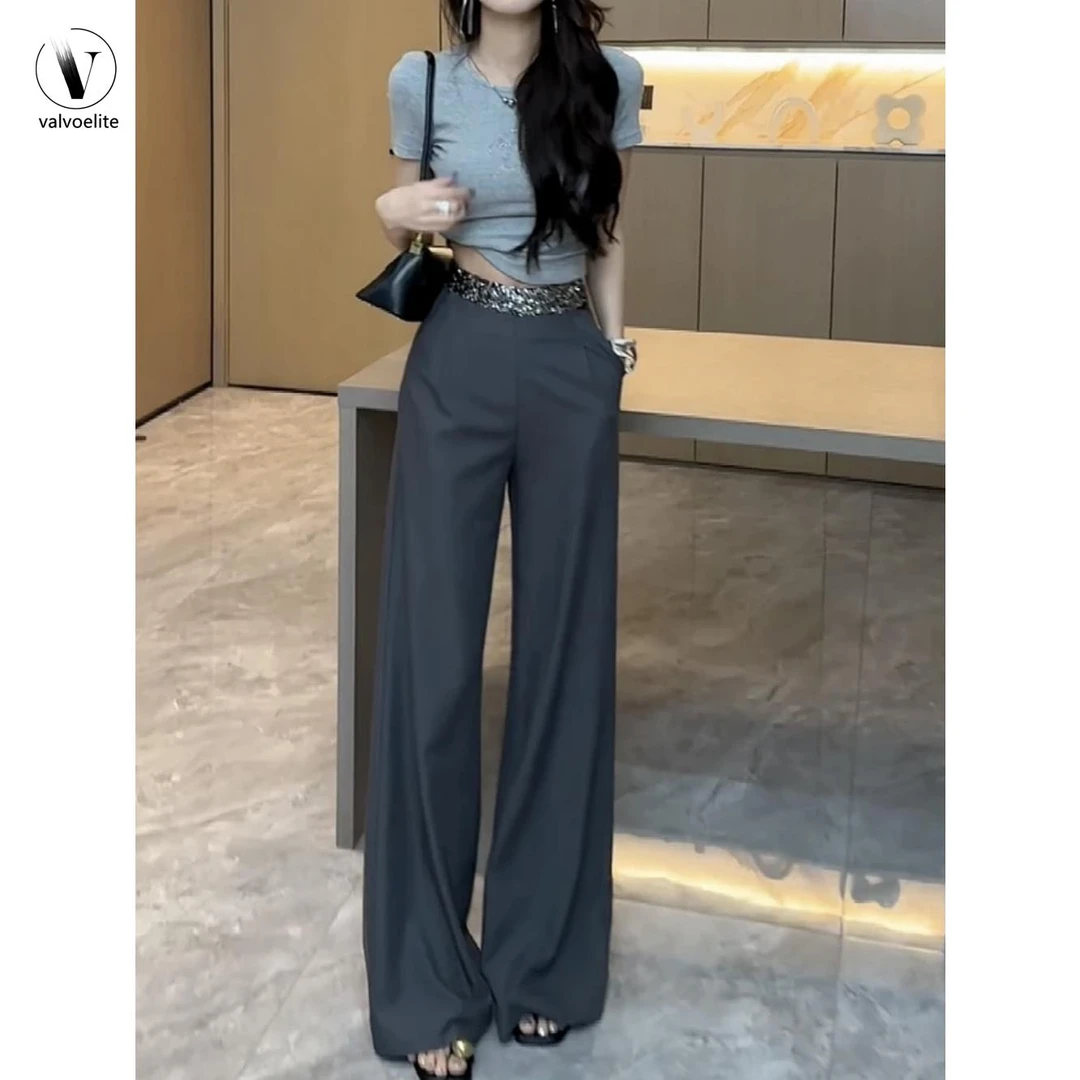 VALVOELITE亮片拼接西装裤女夏季新款时尚高腰宽松长款休闲拖地裤