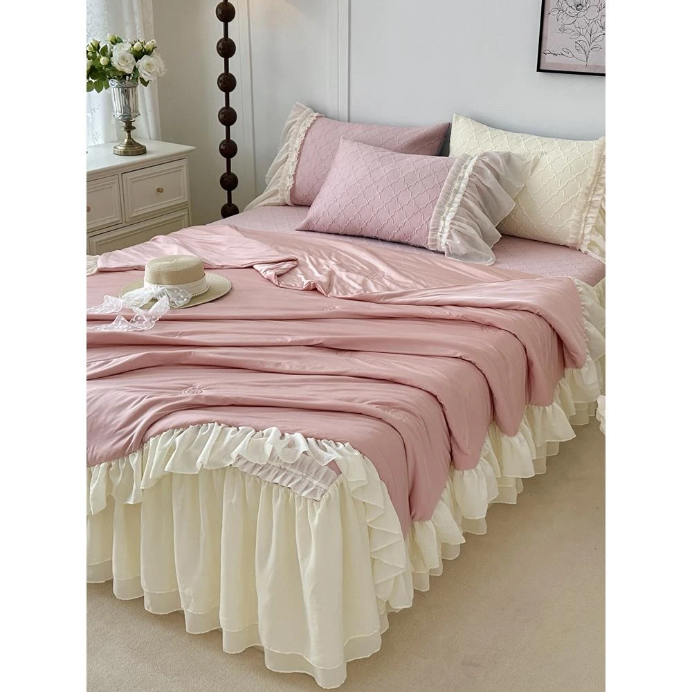 水星家纺适用公主风冰丝凉感软席夏被空调被四件套床裙式凉席夏季