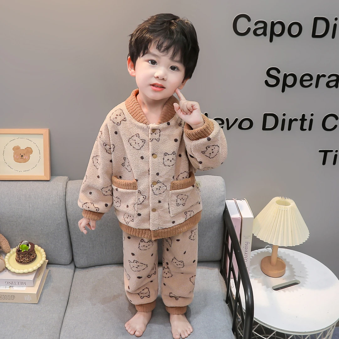 儿童睡衣男童秋冬款2025新款男宝宝雪粒绒满印小狗开衫套装家居服