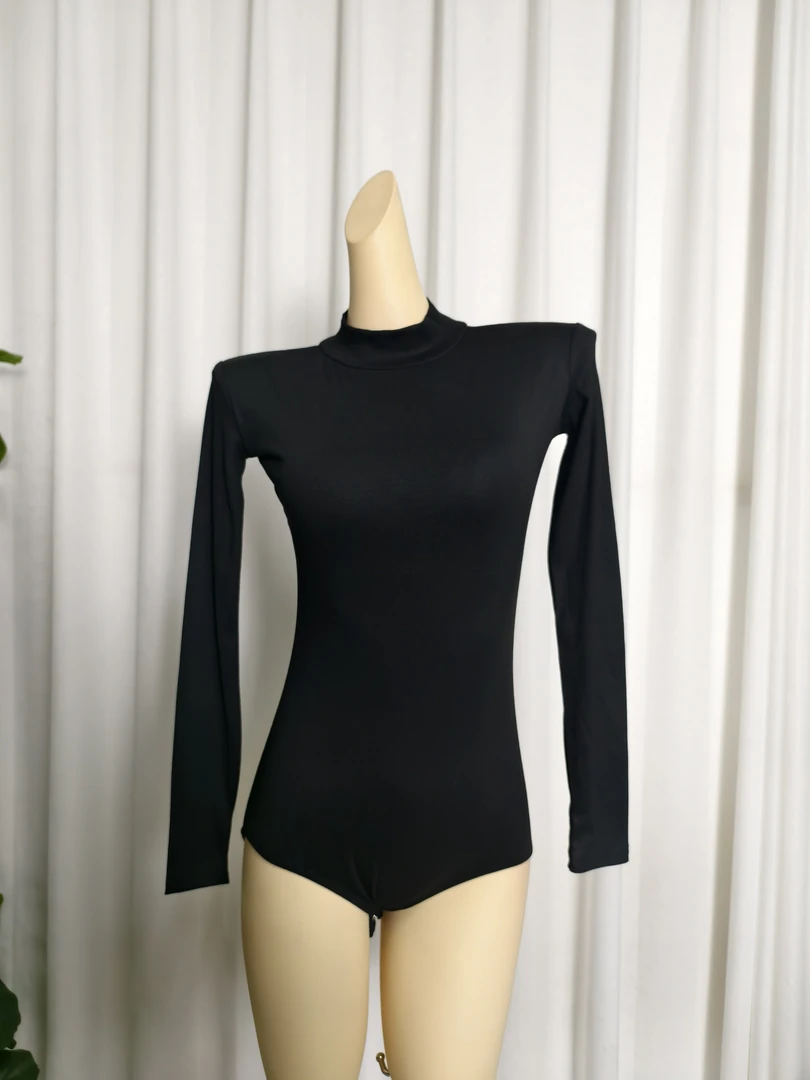 鲸艺纯色长袖圆领常规女高弹紧身连体打底衫