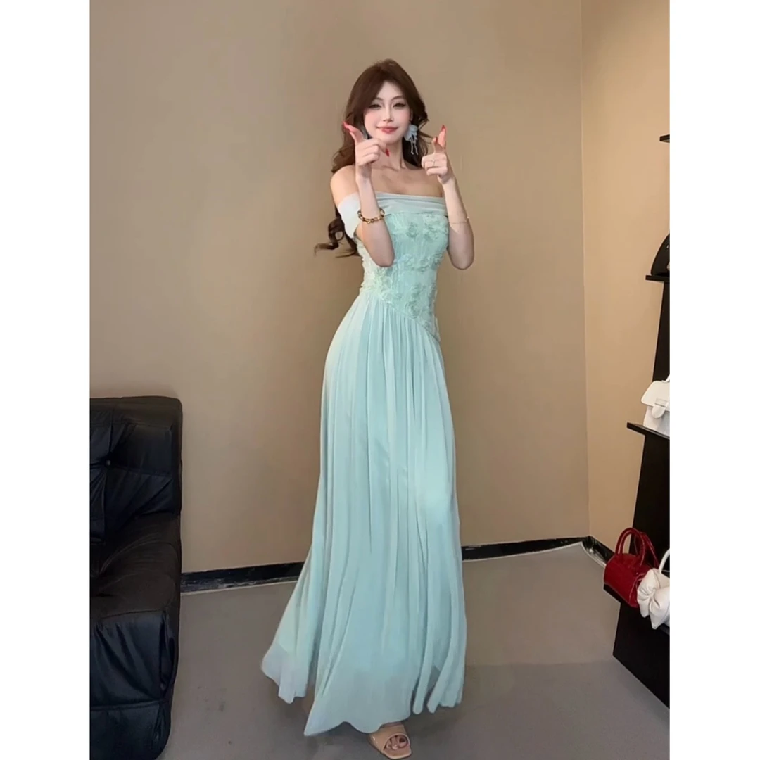 小莹日记【薄荷淡巧】夏季飘带薄荷绿一字肩修身连衣裙QZYHZ52256