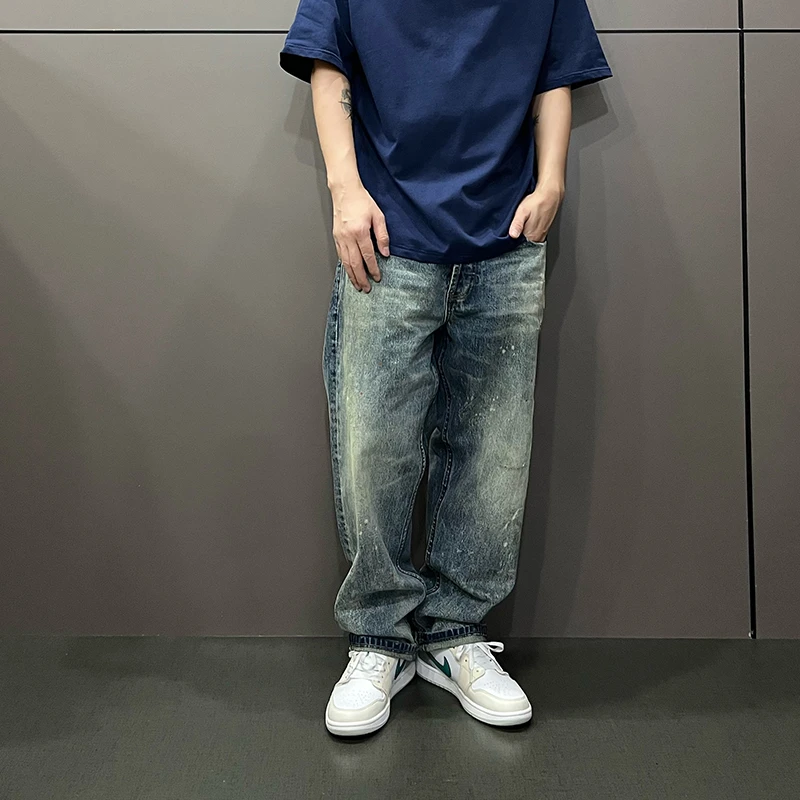 秋冬厚款牛仔裤13盎司日系复古雪花水洗宽松小直筒百搭工装裤男