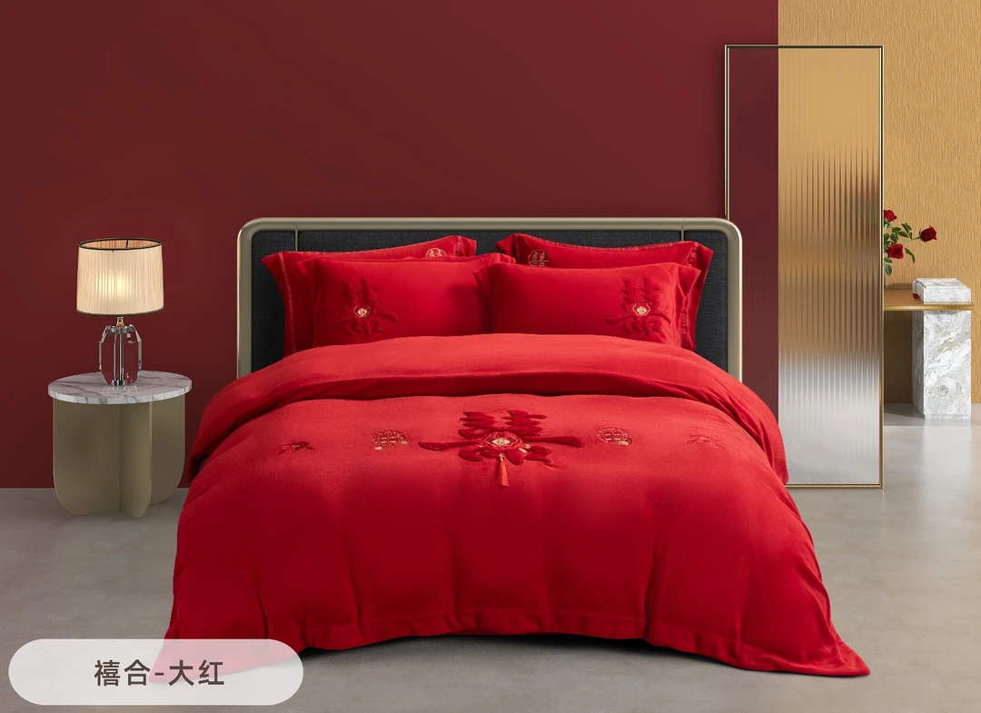 热黛酥绒婚庆系列结婚高端绒轻奢厚暖冬床上主卧用品四件套-禧合