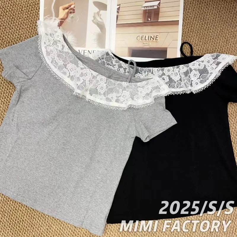 芈芈 2025夏季新款 斜露肩蕾丝拼接短袖T恤女修身显瘦上衣4734#