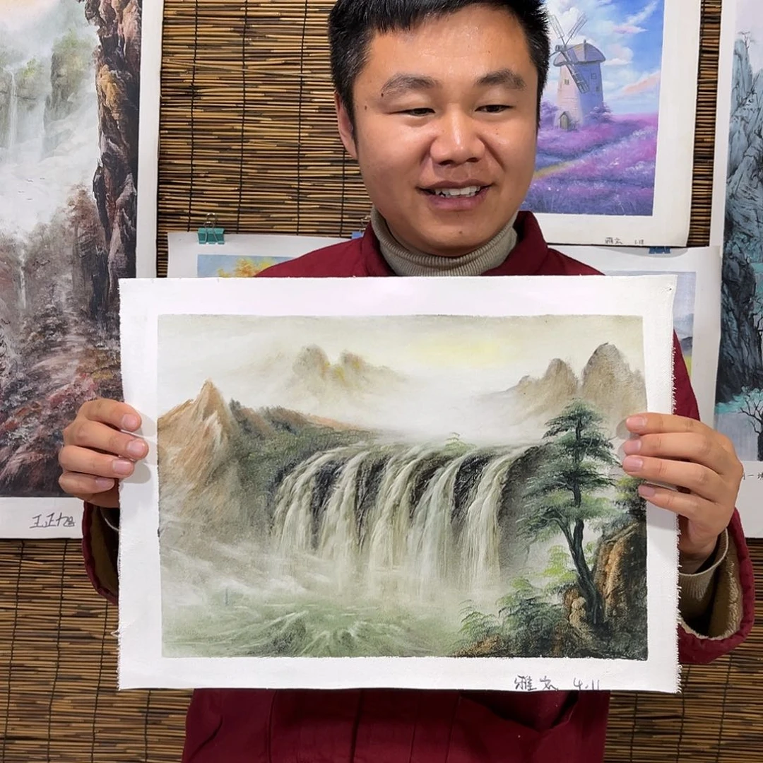 油画小*娃行路人小院绘画作品