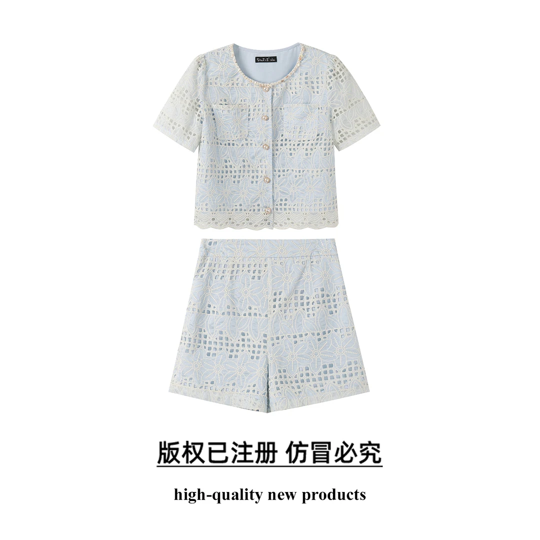 奢姿大码女装2025夏季圆领波西米亚风织带刺绣短袖加显瘦短裤套装