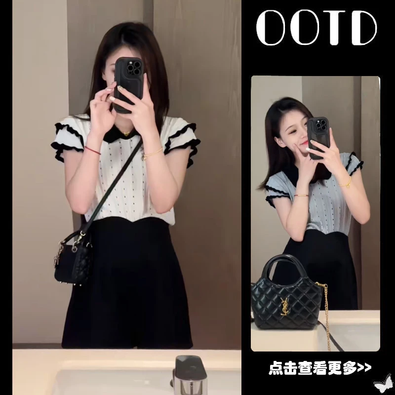 夏季穿搭一整套2025新款韩版白色镂空针织衫百搭阔腿短裤两件套女