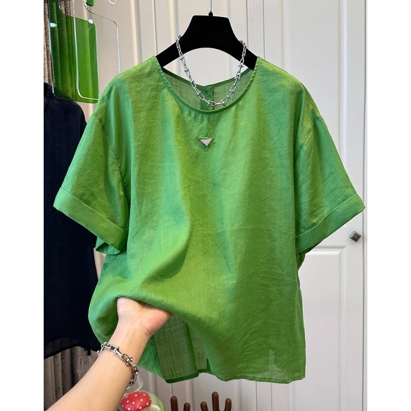 老钱风圆领显瘦短袖T恤女上衣减龄宽松纯色时尚百搭小衫夏季2025