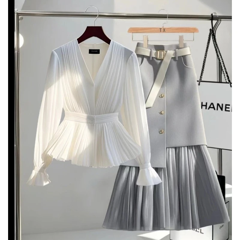 春季新款气质V领长袖上衣套装法式小众独特漂亮洋气显瘦一整套潮